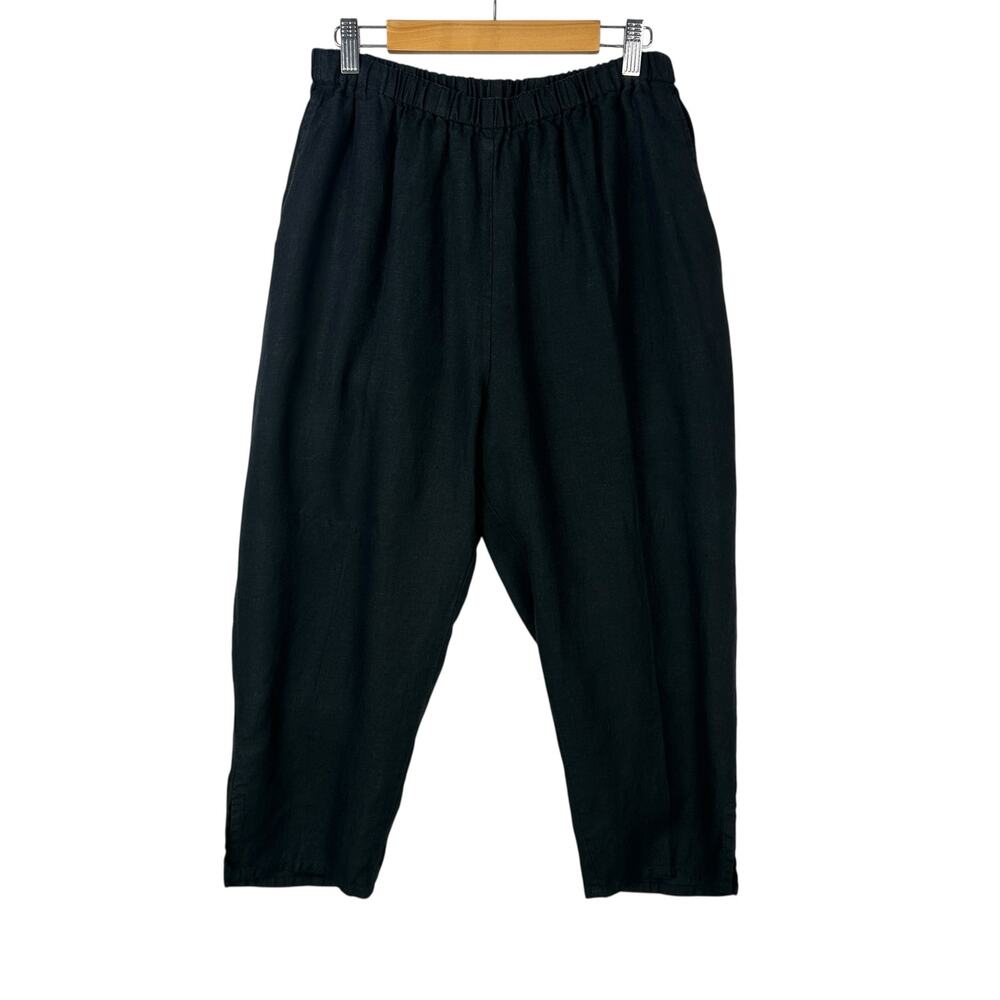 FLAX Linen Pants Womens Medium Black Pull ON Cropped Side Slit Lagenlook